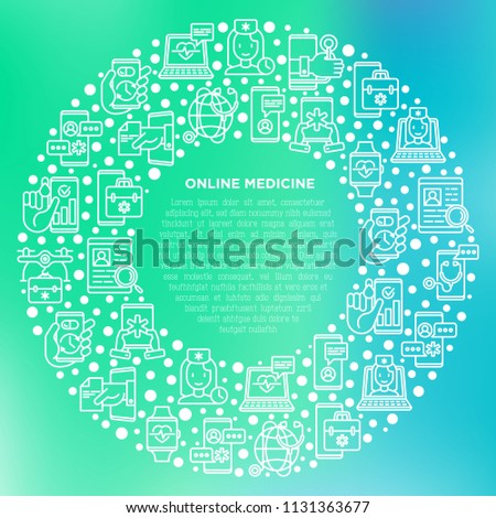 Online medicine, telemedicine concept in circle with thin line icons: pill timer, ambulance online, medical drone, tracker, mHealth, messenger. Modern vector illustration, print media template.