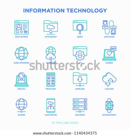 Information technology thin line icons set: social network, system backup, search, LAN network, connection, API, feedback, video call, online news, downloads, cloud data. Modern vector illustration.