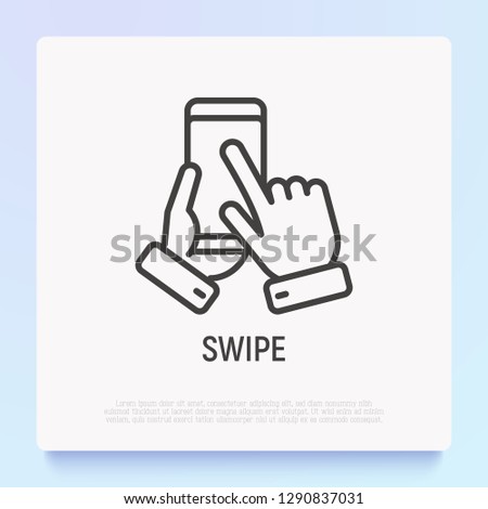 Swipe by hand on mobile phone thin line icon. Modern vector illustration.