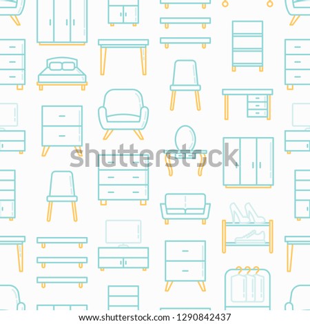 Furniture seamless pattern with thin line icons: dressing table, sofa, armchair, wardrobe, chair, table, bookcase, clothes rack, desk, wall shelves. Elements of interior. Vector illustration.