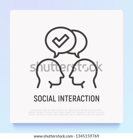 Communication and understanding each other thin line icon: two silhouettes of heads with speech bubbles with check mark. Social interaction. Modern vector illustration.