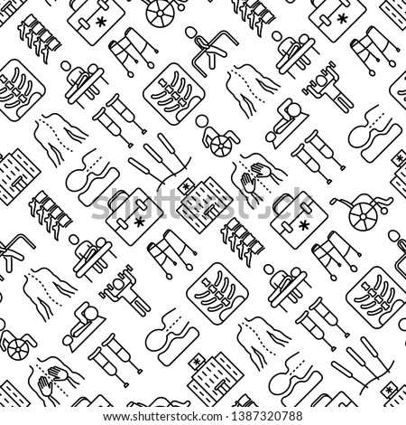 Physiotherapy seamless pattern with thin line icons: rehabilitation, physiotherapist, acupuncture, massage, go-carts, vertebrae, x-ray, trauma, crutches, wheelchair. Vector illustration.