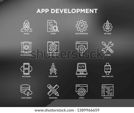 App development thin line icons set: writing code, multitasking, smart watch app, engineering, updates, cloud database, testing, speed optimization, API, mobile syncing. Modern vector illustration.