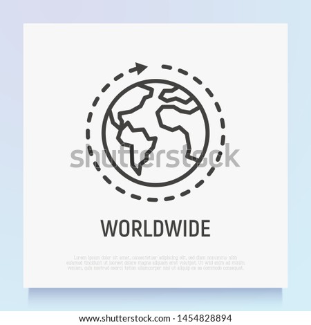 Worldwide shipping thin line icon: globe with arrow. Modern vector illustration for delivery service or logistic company.