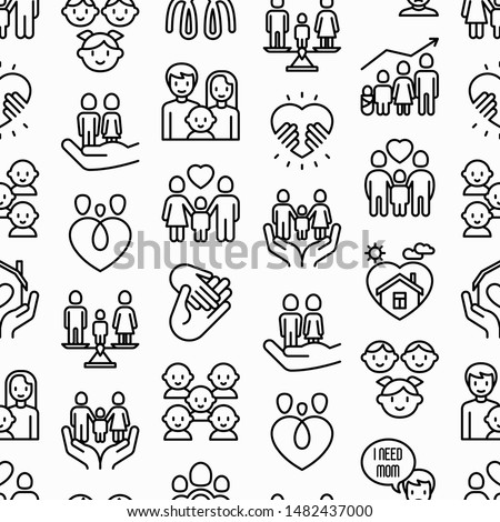 Child adoption seamless pattern with thin line icons: adoptive parents, helping hand, orphan, home care, LGBT couple with child, custody, cargivers, happy kid. Modern vector illustration.