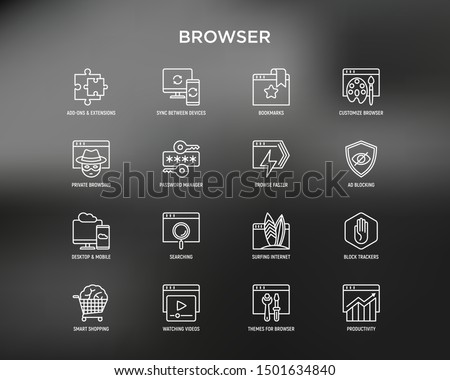 Browser thin line icons set: add-ons, extension, customize browser, sync between devices, bookmark, private, ad blocking, password manager, smart shopping, surfing internet. Vector illustration.