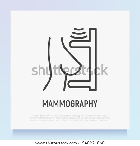 Mammography thin line icon: female breast in scanner. Laboratory research. Modern vector illustration.