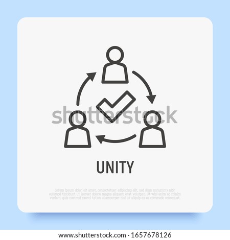 Unity thin line icon. Successful communication employees. Teamwork, collaboration. Circle of people with check mark. Modern vector illustration.