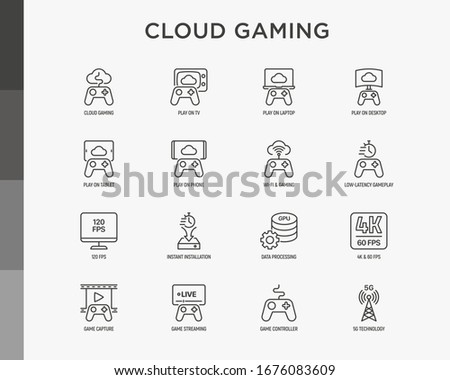 Cloud gaming thin line icons set: play on laptop, 120 FPS, low-latency gameplay, gamepad, wi-fi, instant installation, live streaming, game controller, 5G technology. Vector illustration.