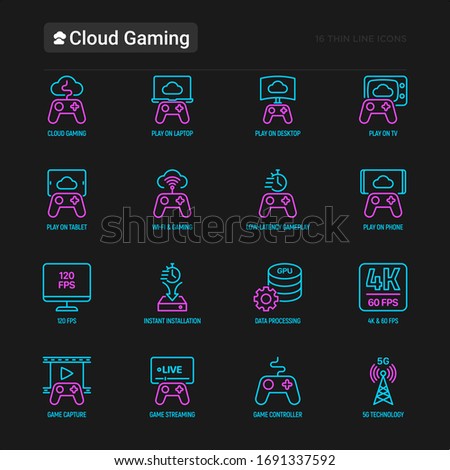 Cloud gaming thin line icons set: play on laptop, 120 FPS, low-latency gameplay, gamepad, wi-fi, instant installation, live streaming, game controller, 5G technology. Vector illustration.