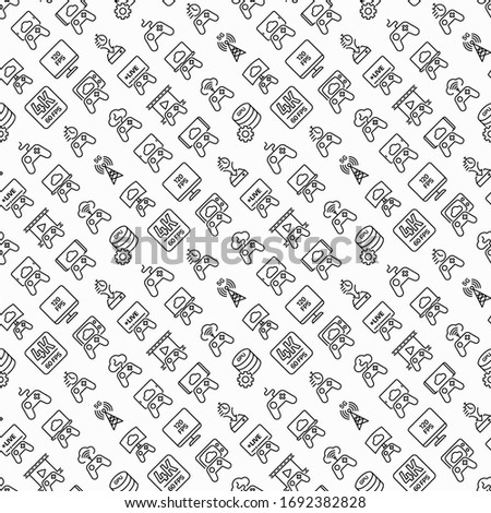 Cloud gaming seamless pattern with thin line icons: play on laptop, 120 FPS, low-latency gameplay, gamepad, wi-fi, instant installation, live streaming, 5G technology. Vector illustration.