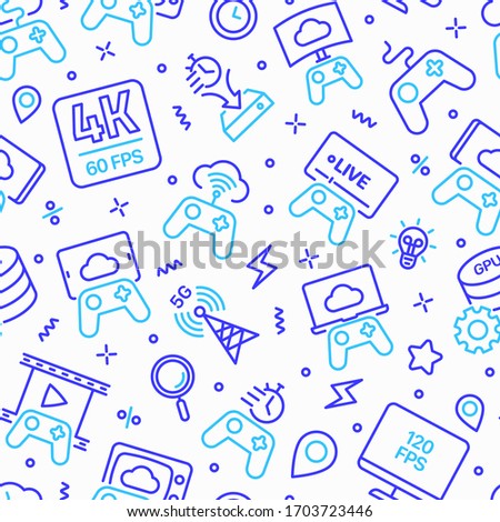 Cloud gaming seamless pattern with thin line icons: play on laptop, 120 FPS, low-latency gameplay, gamepad, wi-fi, instant installation, live streaming, game controller, 5G. Vector illustration.