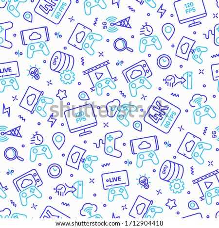 Cloud gaming seamless pattern with thin line icons: play on laptop, 120 FPS, low-latency gameplay, gamepad, wi-fi, live streaming, game controller, 5G technology. Vector illustration.