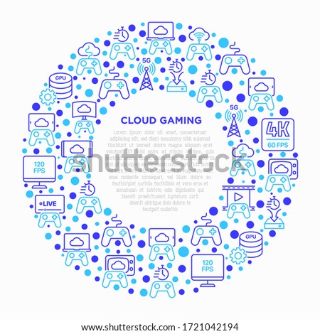 Cloud gaming concept in circle with thin line icons: play on laptop, 120 FPS, low-latency gameplay, gamepad, wi-fi, instant installation, live streaming, 5G technology. Vector illustration.