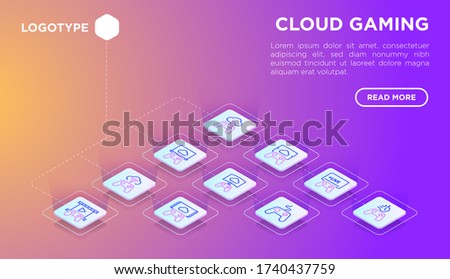 Cloud gaming web page template with thin line isometric icons: play on laptop, 120 FPS, low-latency gameplay, gamepad, wi-fi, live streaming, game controller, 5G technology. Vector illustration.