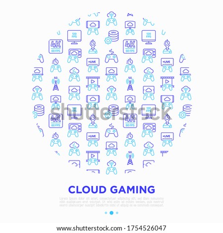 Cloud gaming concept in circle with thin line icons: play on laptop, 120 FPS, low-latency gameplay, wi-fi, instant installation, live streaming, game controller, 5G technology. Vector illustration.