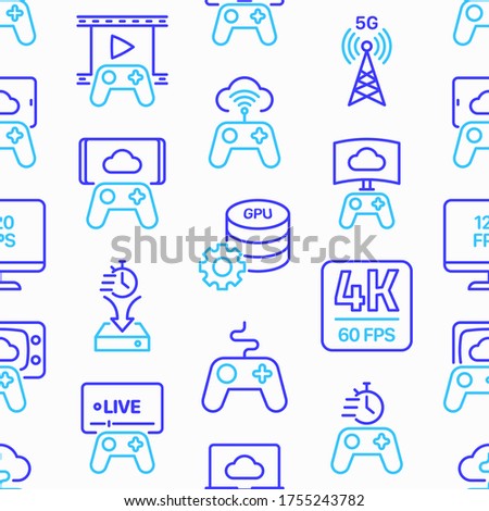 Cloud gaming seamless pattern with thin line icons: play on laptop, 120 FPS, low-latency gameplay, gamepad, wi-fi, instant installation, live streaming, game controller. Vector illustration.