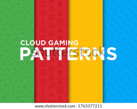 Cloud gaming seamless pattern with thin line icons: play on laptop, 120 FPS, low-latency gameplay, gamepad, wi-fi, instant installation, live streaming, game controller, 5G. Vector illustration.