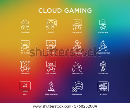 Cloud gaming thin line icons set: play on laptop, 120 FPS, low-latency gameplay, gamepad, wi-fi, instant installation, live streaming, game controller, 5G technology. Vector illustration.