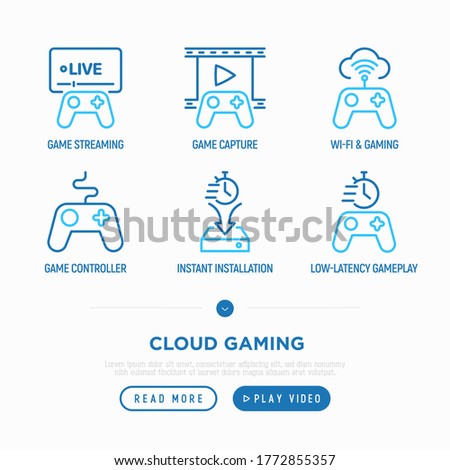 Cloud gaming thin line icons set: low-latency gameplay, gamepad, wi-fi, instant installation, live streaming, game controller. Vector illustration.