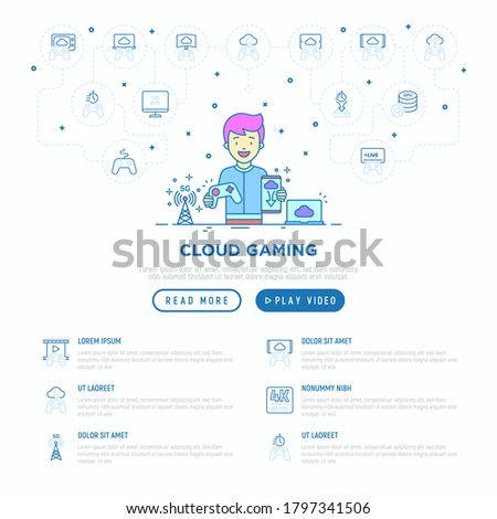 Cloud gaming web page template with thin line icons: gamer with gamepad. Play on laptop, 120 FPS, low-latency gameplay, wi-fi, live streaming, game controller, 5G technology. Vector illustration.