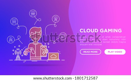 Cloud gaming web page template with thin line icons: gamer with gamepad. Play on laptop, 120 FPS, low-latency gameplay, wi-fi, live streaming, game controller, 5G technology. Vector illustration.