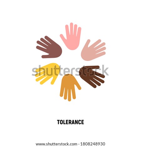 International day of tolerance. Multicultural partnership, pacifism, support and help to integration. Hands of different nationalities in circle. Flat icon. Vector illustration.