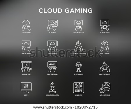 Cloud gaming thin line icons set: play on laptop, 120 FPS, low-latency gameplay, gamepad, wi-fi, instant installation, live streaming, game controller, 5G technology. Vector illustration.