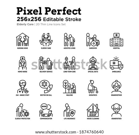 Nursing home for elderly people thin line icons set. Assisted living for disabled, volunteers help and support. Long-term service. Pixel perfect, editable stroke. Vector illustration.