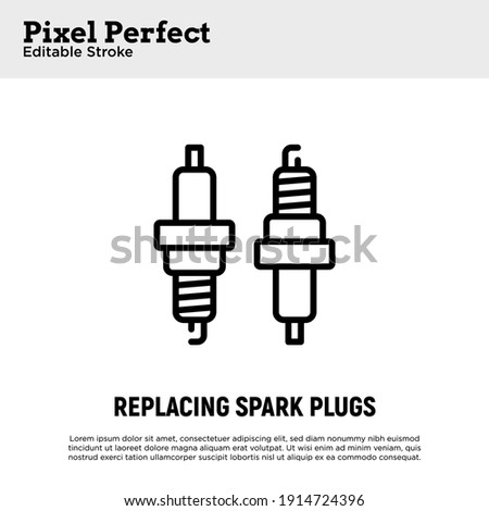 Car service: replacing spark plugs. Thin line icon. Pixel perfect, editable stroke. Vector illustration.