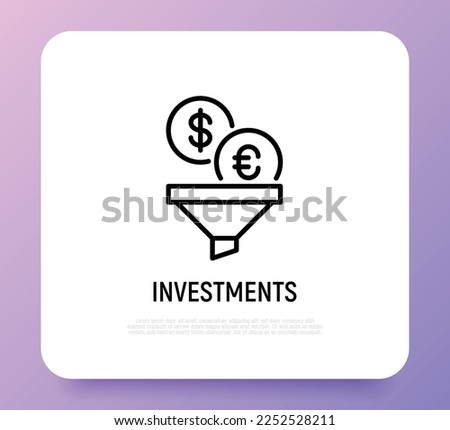 Investment: coins of dollar and euro falling in funnel. Thin line icon. Money conversion, optimization of finance flow. Vector illustration.