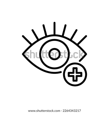 Ophthalmology thin line icon: farsightedness. Human eye with plus sign. Modern vector illustration.