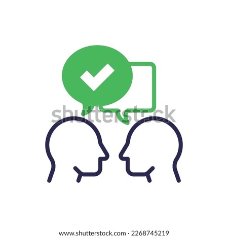 Communication and understanding each other thin line icon: two silhouettes of heads with speech bubbles with check mark. Social interaction. Modern vector illustration.