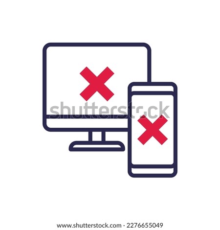 Sync between computer and smartphone is rejected: cross marks are on device screens. Thin line icon. Modern vector illustration.