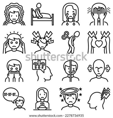 Neurosis thin line icon set: panic attack, headache, fatigue, insomnia, despair, phobia, mood instability, stuttering, psychalgia, dizziness. Modern vector illustration.