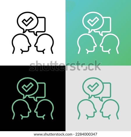 Communication and understanding each other thin line icon: two silhouettes of heads with speech bubbles with check mark. Social interaction. Modern vector illustration.