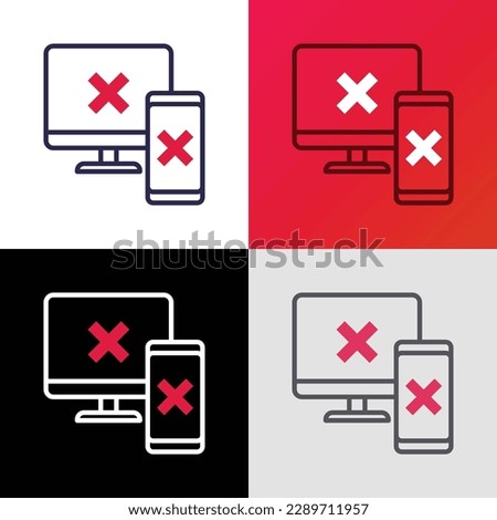 Sync between computer and smartphone is rejected: cross marks are on device screens. Thin line icon. Modern vector illustration.