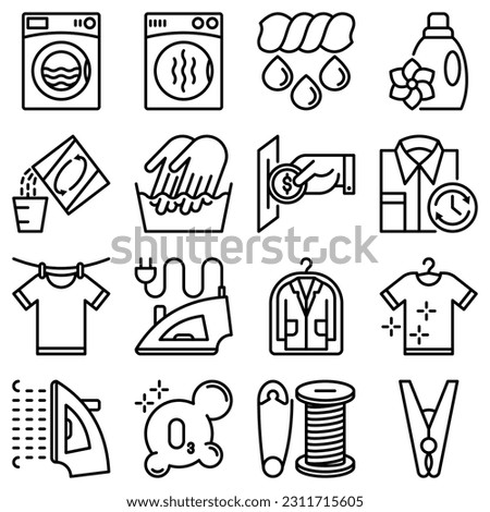 Laundry service thin line icons set: washing machine, spin cycle, drying machine, fabric softener, iron, handwash, washing powder, steaming, ozonation, repair, clothespin. Modern vector illustration.