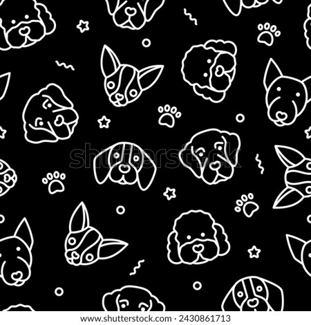 Seamless pattern with dogs. Poodle; golden retriever, bull terrier; chihuahua, beagle thin line icon. Vector illustration.