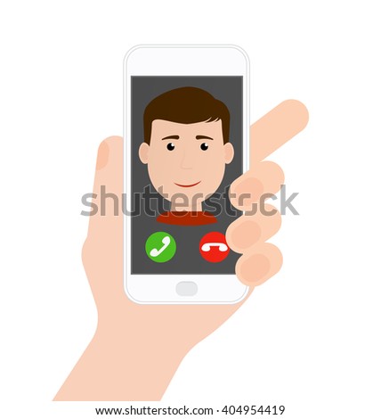 Incoming call from boy/man on phone in hand, flat vector.