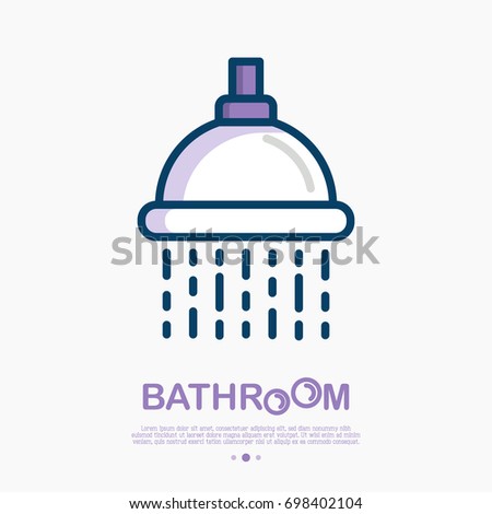 Shower with flowing water thin line icon. Vector illustration of hygiene for health.