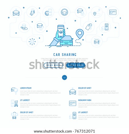 Car sharing concept: searching a car through mobile app with thin line icons around: driver's license, key, blocked car, pointer. Vector illustration, web page template.