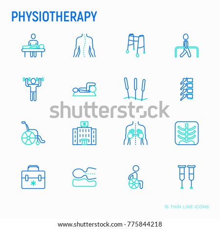 Physiotherapy thin line icons set: rehabilitation, physiotherapist, acupuncture, massage, gymnastics, go-carts, vertebrae; x-ray, trauma, crutches, wheelchair, orthopedic pillow. Vector illustration.