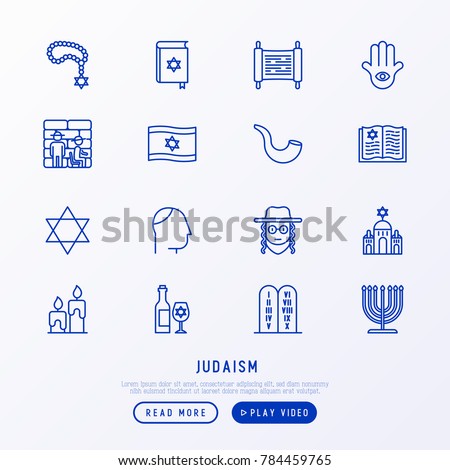 Judaism thin line icons set: Orthodox jew, star of David, sufganiyot, hamsa, candles, synagogue, skullcap, rosary, Western Wal, Tanakh. Modern vector illustration.