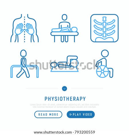 Physiotherapy thin line icons set: rehabilitation, physiotherapist, verterbra, massage, go-carts; wheelchair, trauma. Vector illustration, web page template.