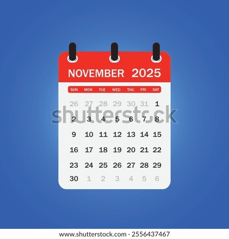 A letter-style calendar for November 2025. Vector illustration The week begins on Sunday, with concepts of time, planning, and scheduling, along with a removable calendar for the month.