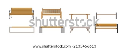 Set of outdoor wooden benches from different form on white background. Vector benches for summer city park in flat style.