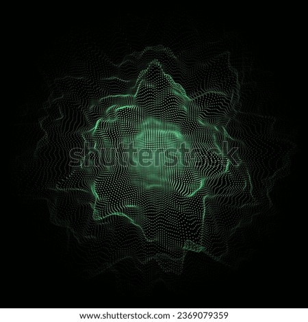 Futuristic vector digital wave with top view. Dark cyberspace. Particle explosion. Abstract wave with dots. Green moving particles on black background.