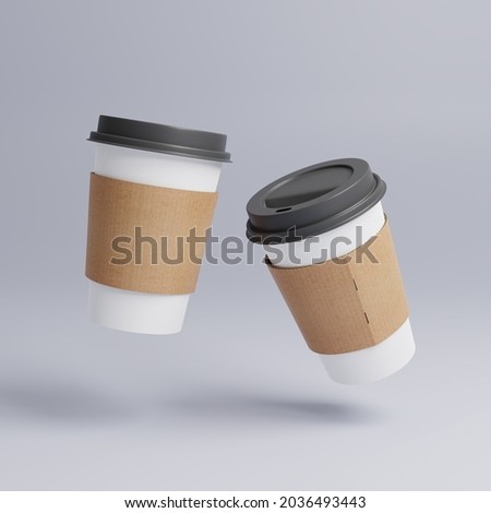 White paper cups of coffee mock up on blank background, Black cup lid, Two cups in the air dynamically, Kraft Cup Holder