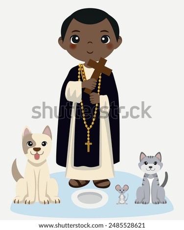 Illustration of San Martin de Porres, Santo Moreno, Santo, Miraculous Saint, Dominicans, with dog, pericote and cat, plate of food